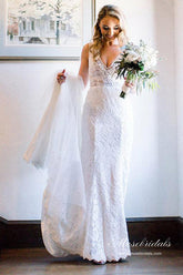 Ivory Lace Mermaid Backless V-neck Beach Wedding Dresses, Bridal Gown